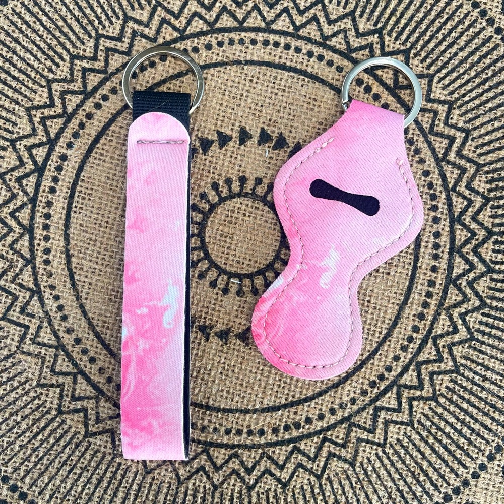 Pink & White Marble Chapstick Holder & Strap Keychain 2 pack